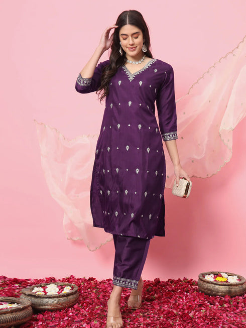 Purple Silk Blend Pant Suit 190069 Closure View